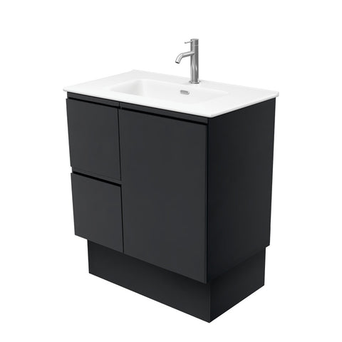 Fienza Joli Fingerpull Vanity On Kickboard Left Drawers (1 Taphole) 750mm Matte White/Satin Black JOLM75ZBKL