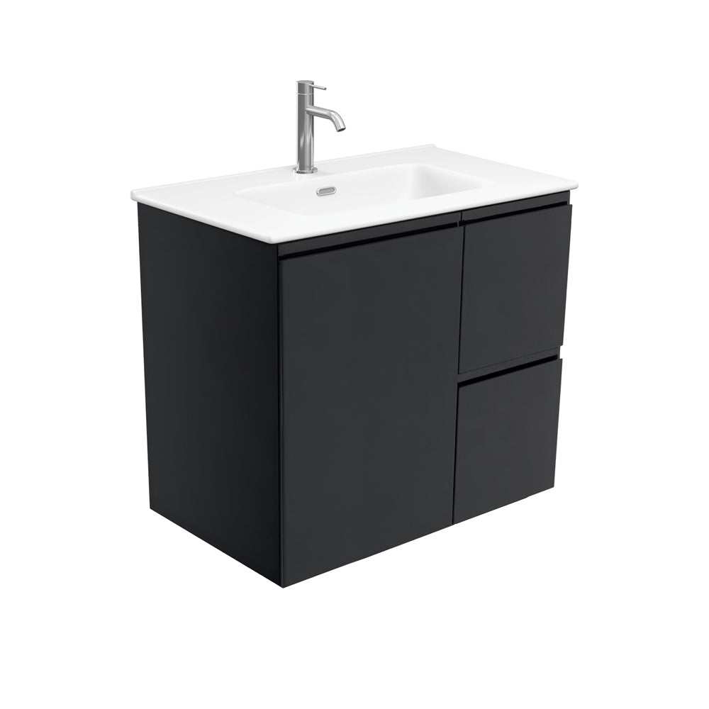 Fienza Joli Fingerpull Wall Hung Vanity Right Drawers (1 Taphole) 750mm Matte White/Satin Black JOLM75ZBR