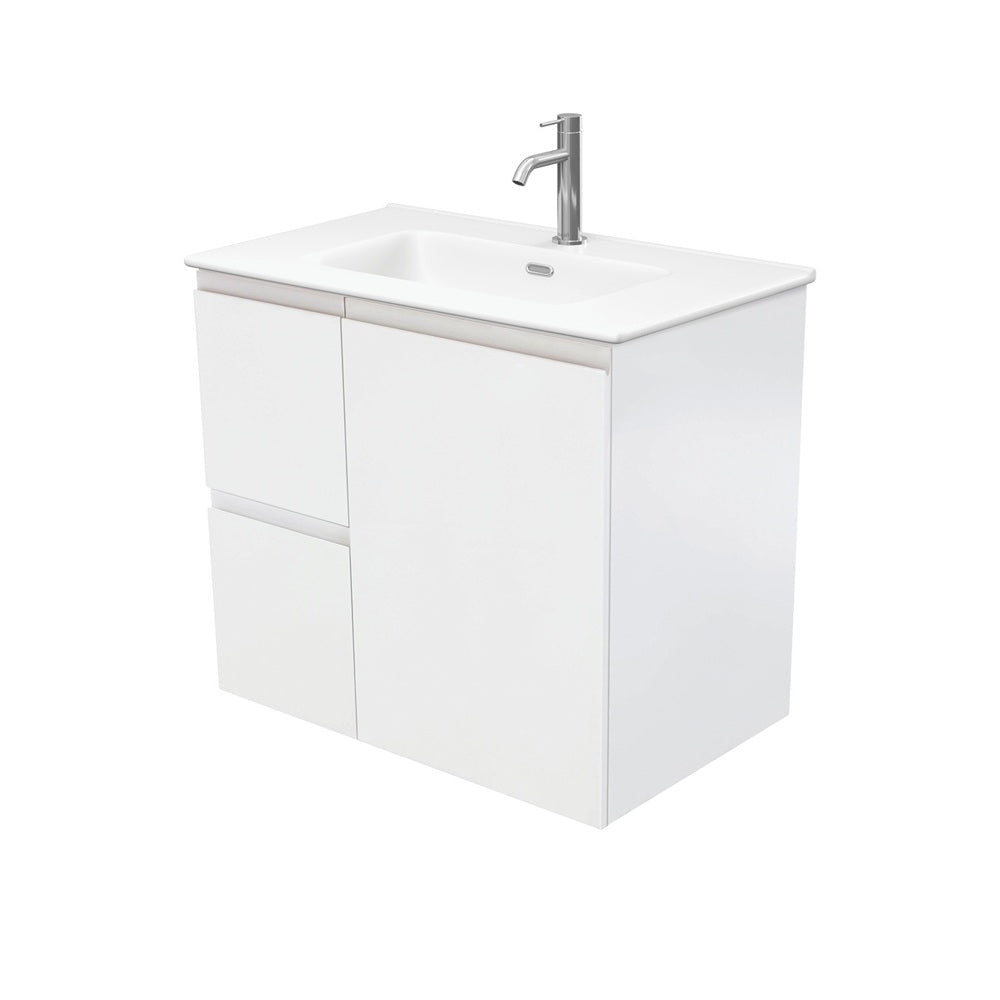 Fienza Joli Fingerpull Wall Hung Vanity Left Drawers (1 Taphole) 750mm Matte White/Satin White JOLM75ZL