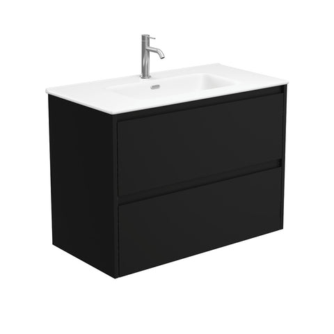 Fienza Joli Amato Satin Black Vanity Wall Hung (1 Taphole) 900mm Matte White JOLM90BB
