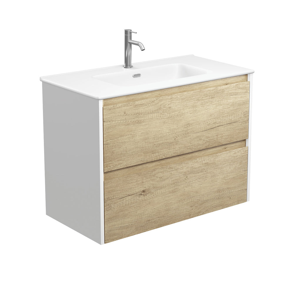 Fienza Joli Amato Wall Hung Vanity 900mm (1 Taphole) Scandi Oak / Matte White Top w/ Satin White Panels JOLM90BSW