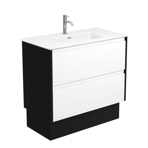Fienza Joli Amato On Kickboard Vanity 900mm (1 Taphole) Satin White / Matte White Top w/ Satin Black Panels JOLM90BWBK