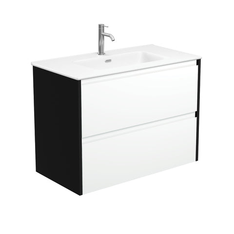 Fienza Joli Amato Wall Hung Vanity 900mm (1 Taphole) Satin White / Matte White Top w/ Satin Black Panels JOLM90BWB