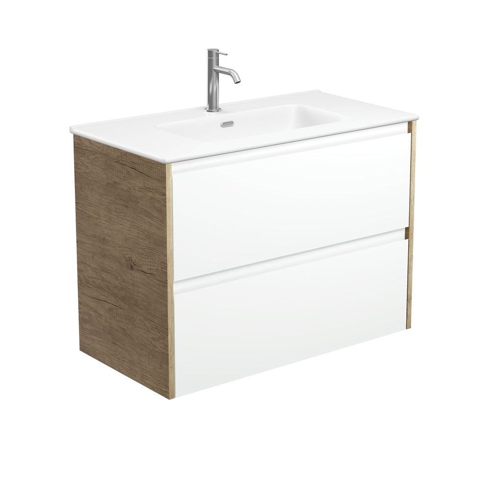 Fienza Joli Amato Wall Hung Vanity 900mm (1 Taphole) Satin White / Matte White Top w/ Scandi Oak Panels JOLM90BWS
