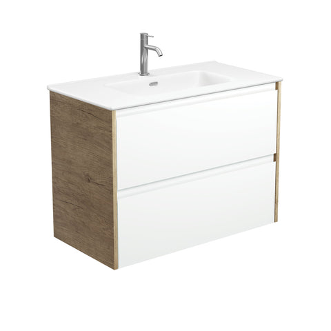Fienza Joli Amato Wall Hung Vanity 900mm (1 Taphole) Satin White / Matte White Top w/ Scandi Oak Panels JOLM90BWS