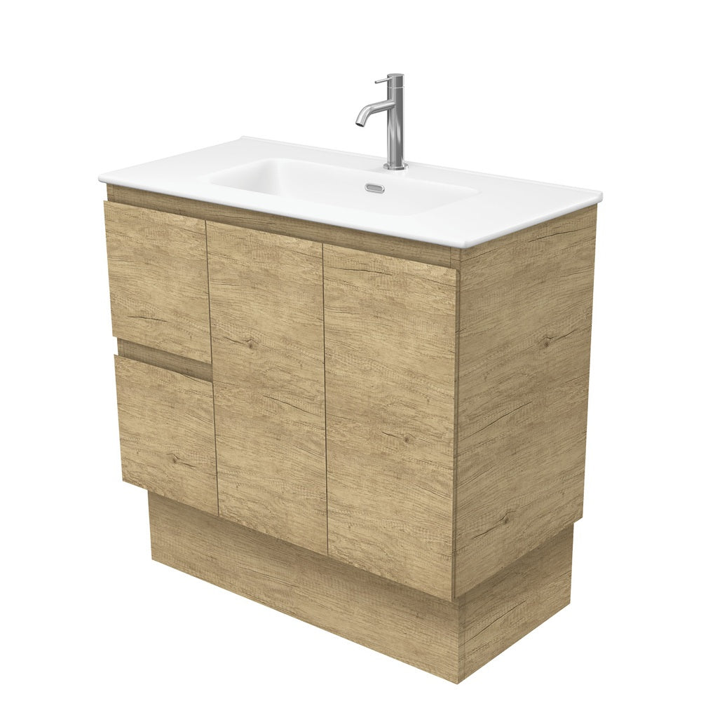 Fienza Joli Edge Vanity On Kickboard Left Drawers (1 Taphole) 900mm Scandi Oak/Matte White JOLM90SKL