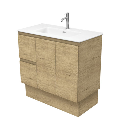 Fienza Joli Edge Vanity On Kickboard Left Drawers (1 Taphole) 900mm Scandi Oak/Matte White JOLM90SKL
