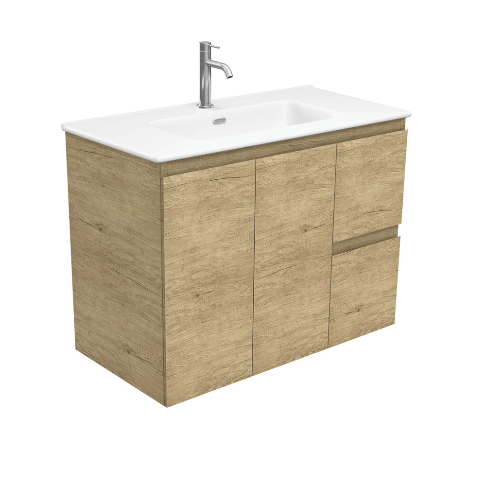 Fienza Joli Edge Wall Hung Vanity Right Drawers (1 Taphole) 900mm Scandi Oak/Matte White JOLM90SR