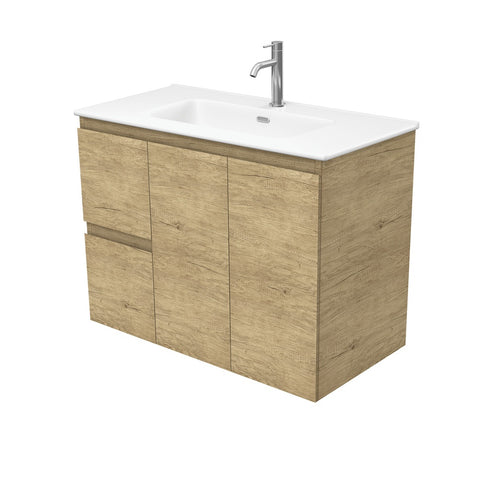Fienza Joli Edge Wall Hung Vanity Left Drawers (1 Taphole) 900mm Scandi Oak/Matte White JOLM90SL
