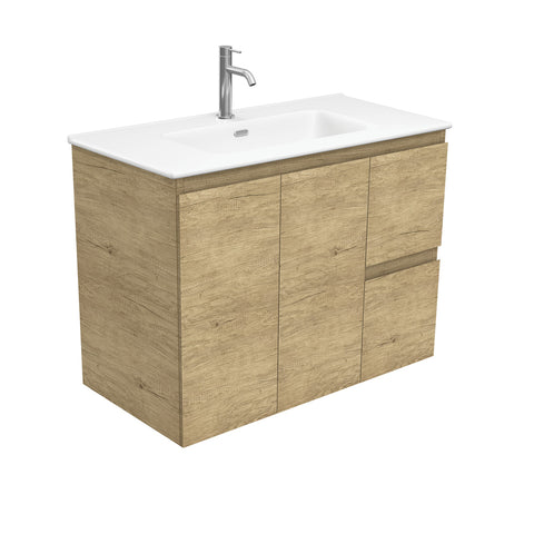 Fienza Joli Edge Wall Hung Vanity Right Drawers (1 Taphole) 900mm Scandi Oak/Matte White JOLM90SR