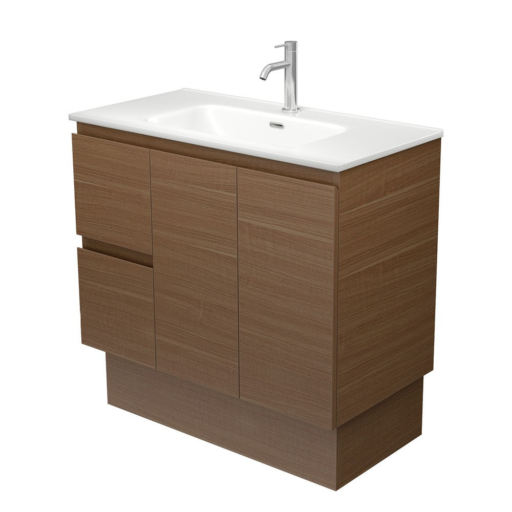 Fienza Joli Amato On Kickboard Vanity 900mm (1 Taphole) Satin White / Matte White Top w/ Scandi Oak Panels JOLM90BWSK