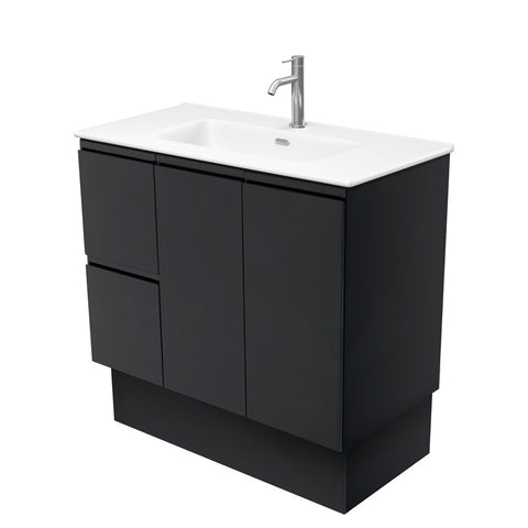 Fienza Joli Fingerpull Vanity On Kickboard Right Drawers (1 Taphole) 900mm Satin Black/Matte White JOLM90ZBKR