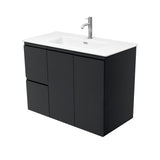 Fienza Joli Fingerpull Wall Hung Vanity Left Drawers (1 Taphole) 900mm Satin Black/Matte White JOLM90ZBL