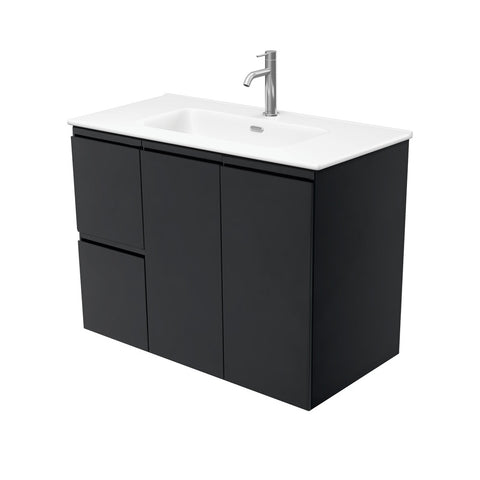 Fienza Joli Fingerpull Wall Hung Vanity Left Drawers (1 Taphole) 900mm Satin Black/Matte White JOLM90ZBL