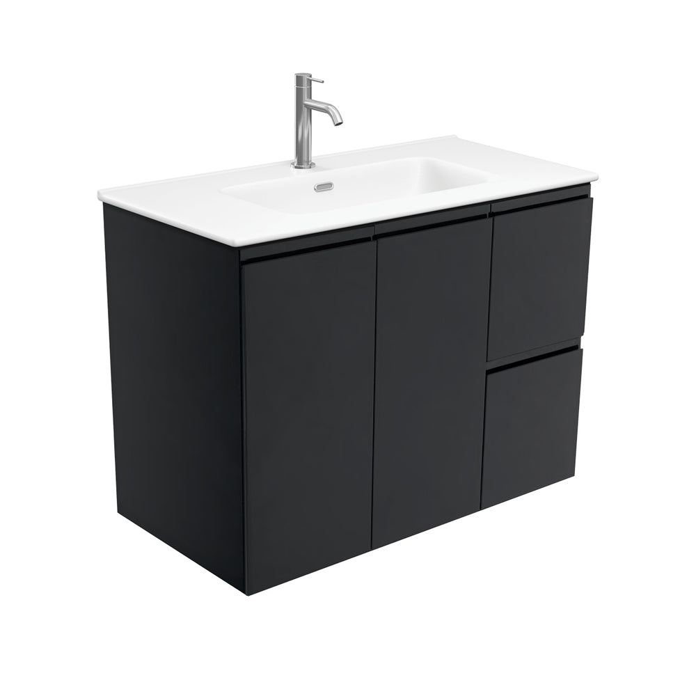 Fienza Joli Fingerpull Wall Hung Vanity Right Drawers (1 Taphole) 900mm Satin Black/Matte White JOLM90ZBR