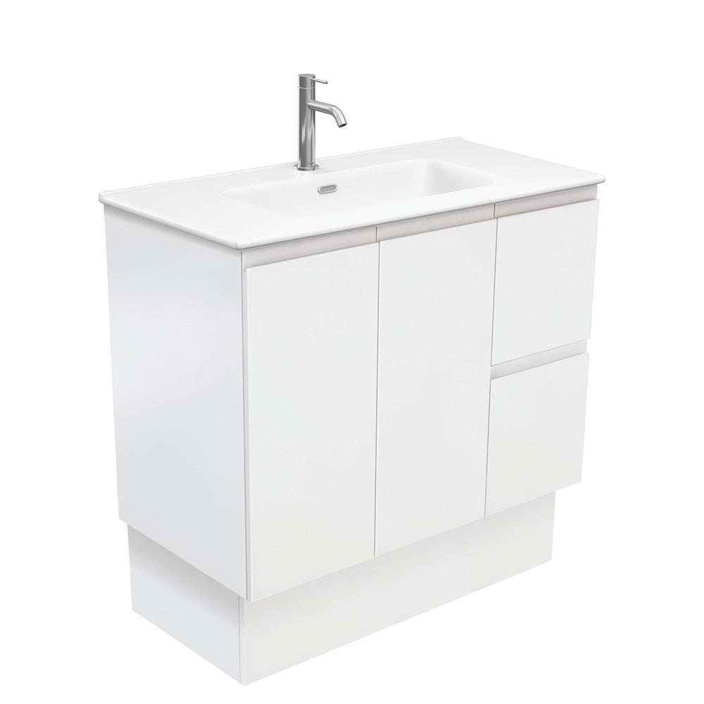 Fienza Joli Fingerpull Vanity On Kickboard Right Drawers (1 Taphole) 900mm Satin White/Matte White JOLM90ZKR