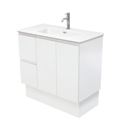 Fienza Joli Fingerpull Vanity On Kickboard Left Drawers (1 Taphole) 900mm Satin White/Matte White JOLM90ZKL