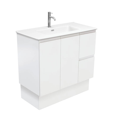 Fienza Joli Fingerpull Vanity On Kickboard Right Drawers (1 Taphole) 900mm Satin White/Matte White JOLM90ZKR