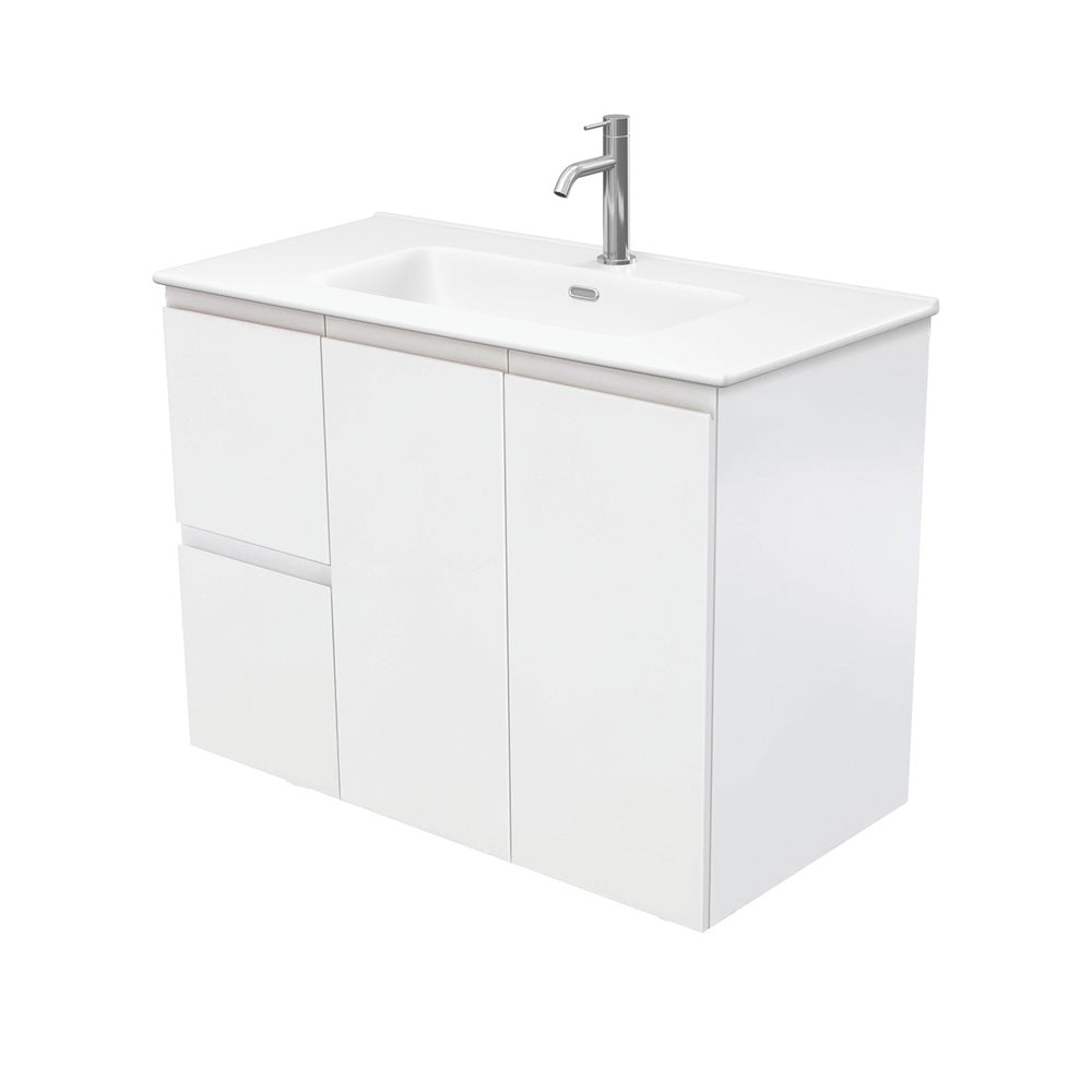 Fienza Joli Fingerpull Wall Hung Vanity Left Drawers (1 Taphole) 900mm Satin White/Matte White JOLM90ZL