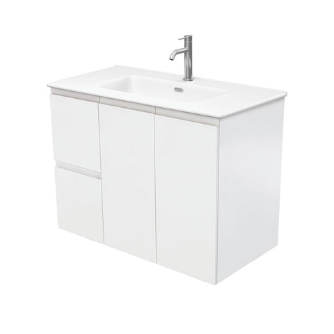 Fienza Joli Fingerpull Wall Hung Vanity Left Drawers (1 Taphole) 900mm Satin White/Matte White JOLM90ZL