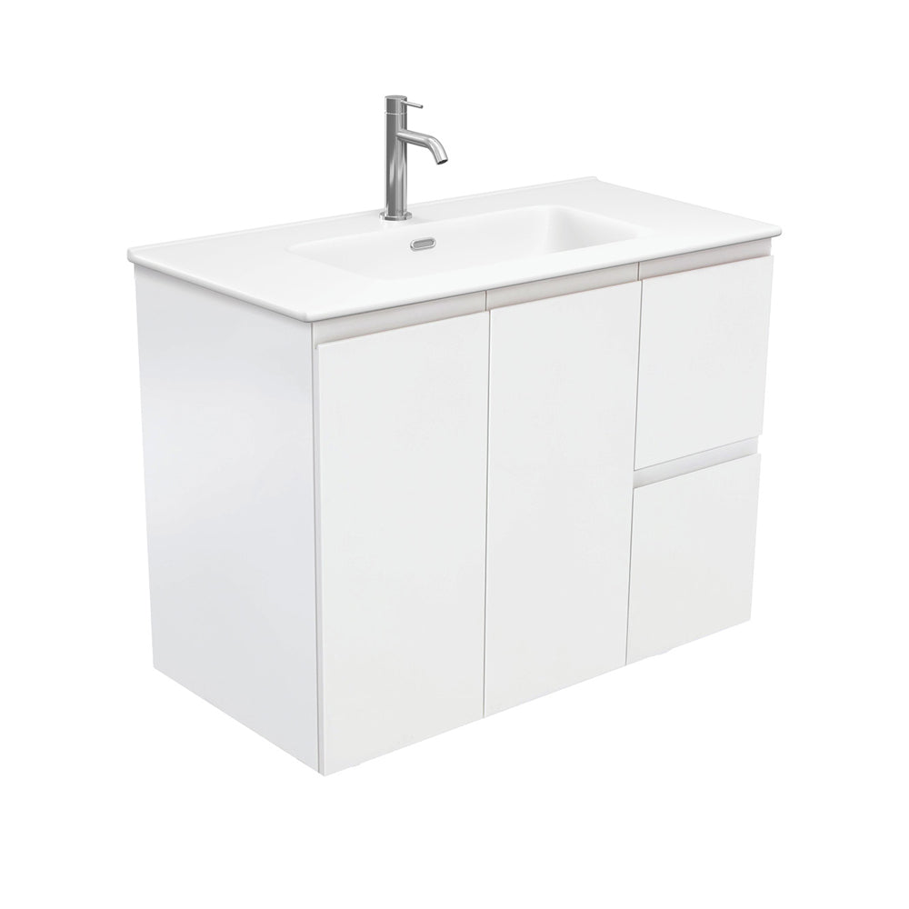 Fienza Joli Fingerpull Wall Hung Vanity Right Drawers (1 Taphole) 900mm Satin White/Matte White JOLM90ZR