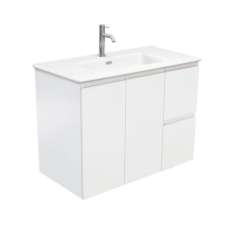 Fienza Joli Fingerpull Wall Hung Vanity Right Drawers (1 Taphole) 900mm Satin White/Matte White JOLM90ZR