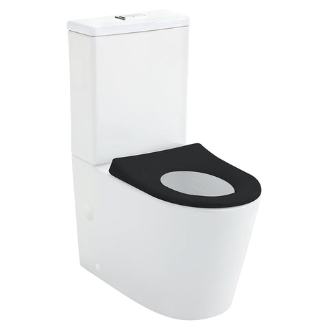 Fienza Isabella Junior Tornado Back To Wall Rimless Toilet Pan S Trap 90-160mm Gloss White w/ Gloss Black Seat K015GBA