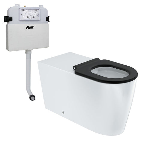 Fienza Isabella Care Wall Faced Toilet Suite (P Trap) Matte Black Seat - R&T Cistern w/ White Flush Button - Gloss White K016MB-R&TW