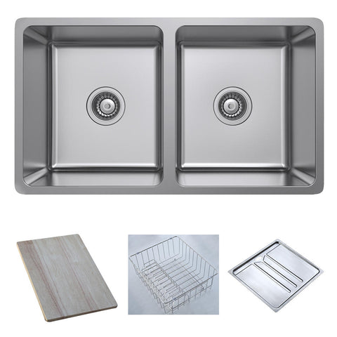 Argent Verve Sink Double Bowl 770x440mm (No Tap Hole) (Inc. Food Board, Dish Rack & Drainer Tray) Stainless Steel KS1077230FDTB