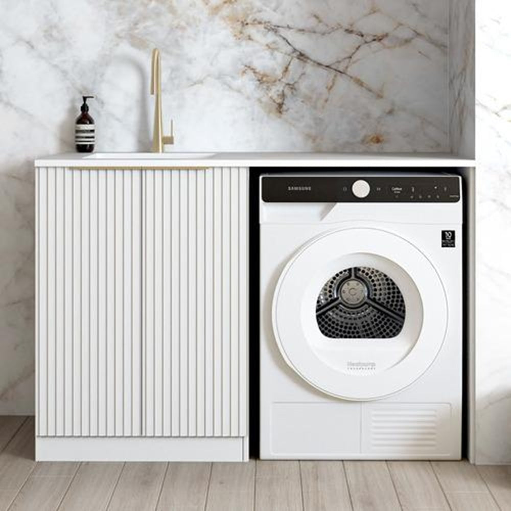 Otti Noosa Fluted Laundry Cabinet 1300mm White / Cloudy Carrara Top LA-1300-NSW-CA