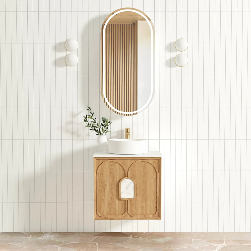 Otti Laguna Wall Hung Vanity 600mm Natural American Oak / Pure White Top LG600NSTUD-PW