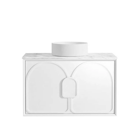 Otti Laguna Wall Hung Vanity 900mm Satin White / Cloudy Carrara Top LG900WSTUD-CA