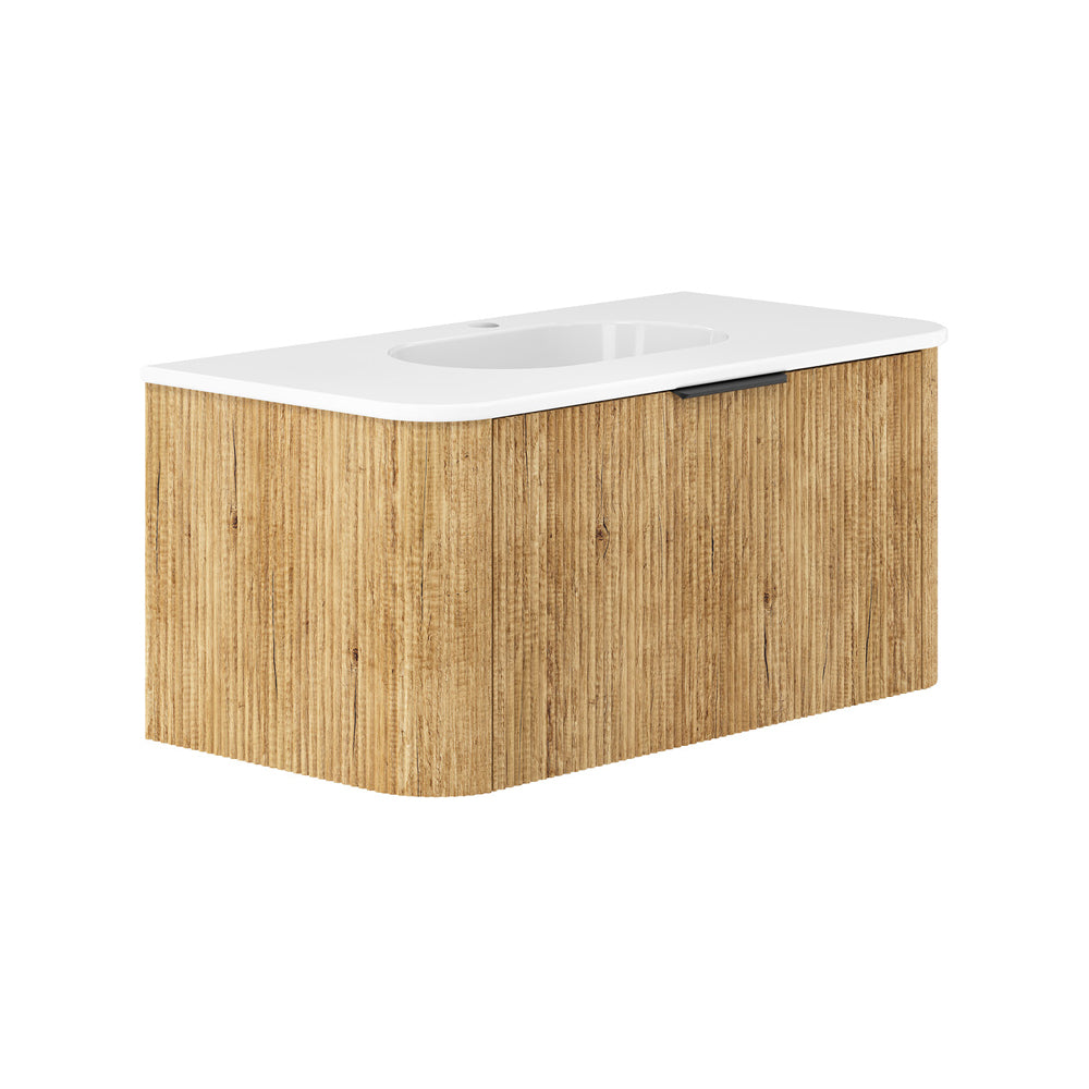 Fienza Lola Curved Wall Hung Vanity 900mm (No Taphole) 1 Drawer Scandi Oak LOL90US-0