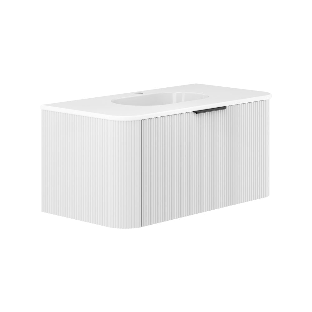 Fienza Lola Curved Wall Hung Vanity 900mm (No Taphole) 1 Drawer Satin White LOL90UW-0