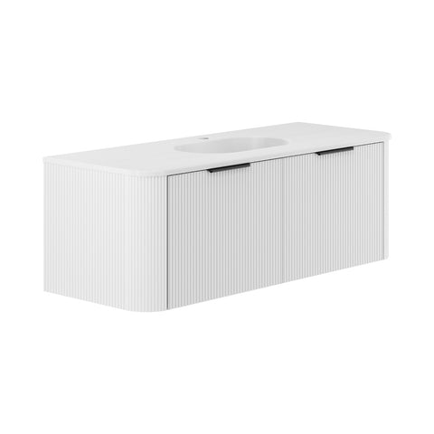 Fienza Lola Curved Wall Hung Vanity 1200mm (3 Taphole) 2 Drawers Matte White w/ Satin White Panels LOLM120UW-3
