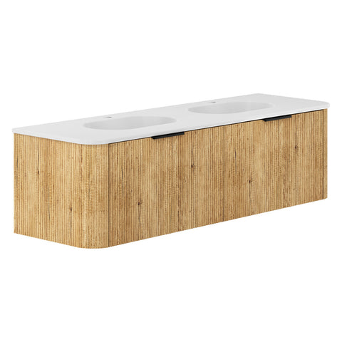 Fienza Lola Curved Wall Hung Vanity 1500mm (No Taphole) 2 Drawers Matte White w/ Scandi Oak Panels LOLM150USD-0