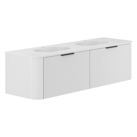 Fienza Lola Curved Wall Hung Vanity 1500mm (3 Taphole) 2 Drawers Matte White w/ Satin White Panels LOLM150UWD-3