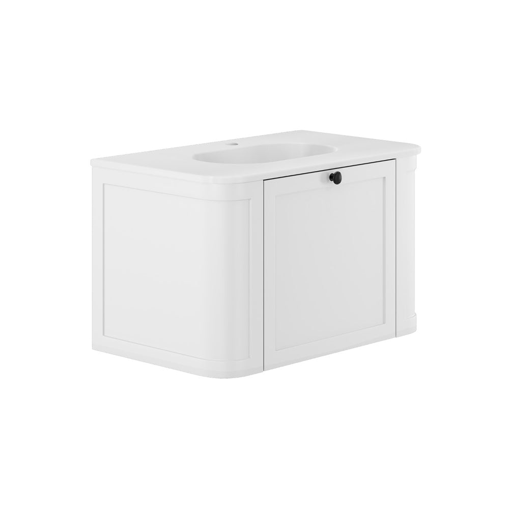 Fienza Lola Curved Wall Hung Vanity 750mm (No Taphole) Shaker 1 Drawer Matte White w/ Satin White Panels LOLM75CM-0