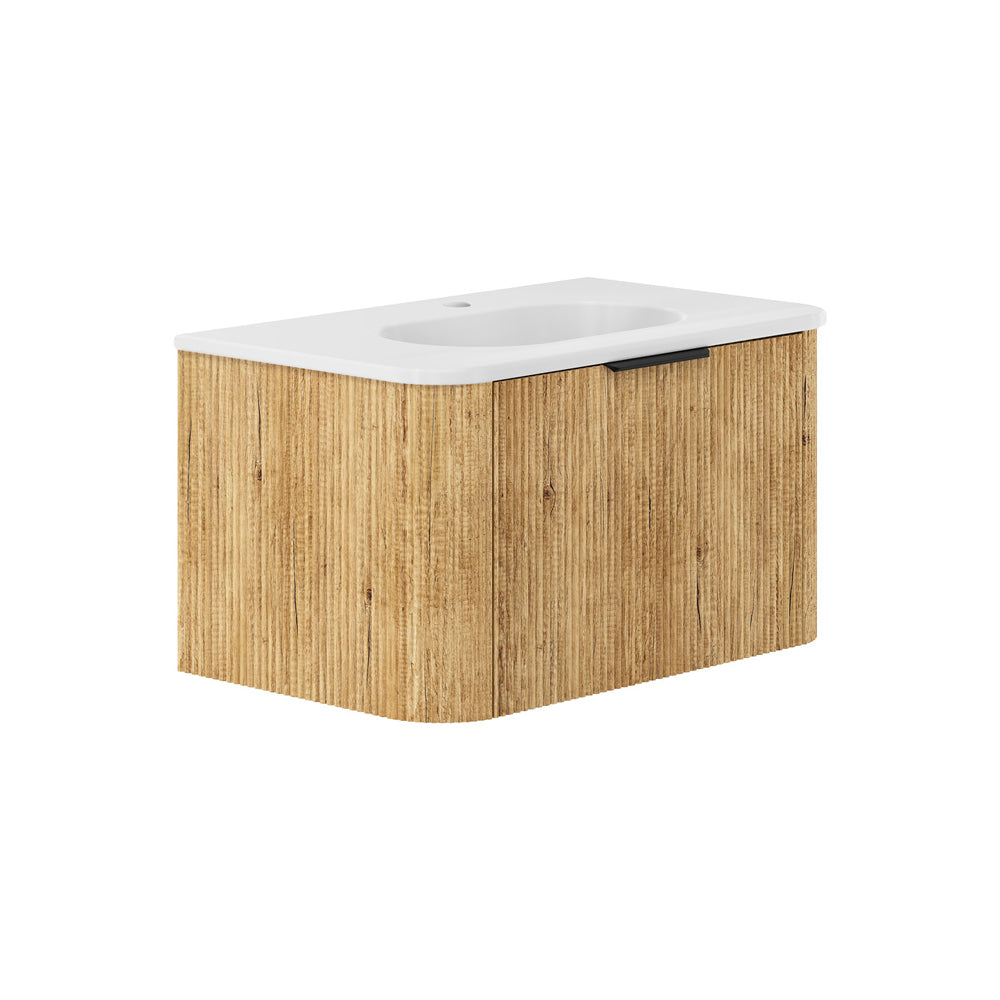 Fienza Lola Curved Wall Hung Vanity 750mm (1 Taphole) 1 Drawer Matte White w/ Scandi Oak Panels LOLM75US