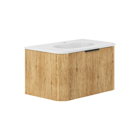 Fienza Lola Curved Wall Hung Vanity 750mm (3 Taphole) 1 Drawer Matte White w/ Scandi Oak Panels LOLM75US-3