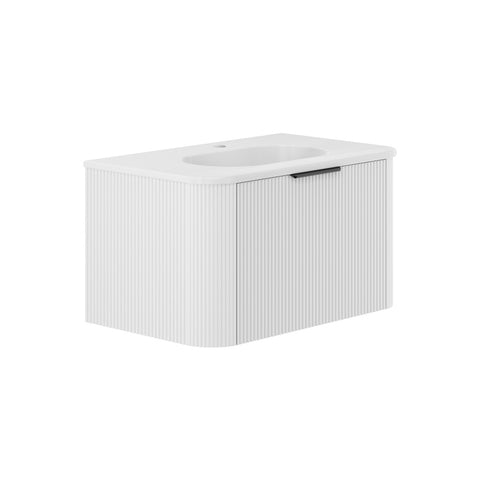 Fienza Lola Curved Wall Hung Vanity 750mm (3 Taphole) 1 Drawer Matte White w/ Satin White Panels LOLM75UW-3