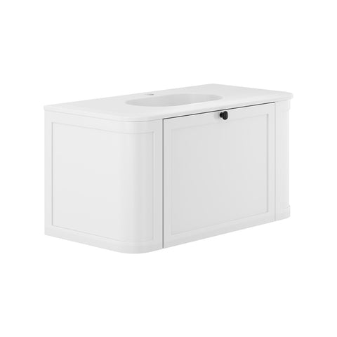 Fienza Lola Curved Wall Hung Vanity 900mm (1 Taphole) Shaker 1 Drawer Matte White w/ Satin White Panels LOLM90CM