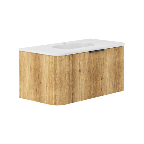 Fienza Lola Curved Wall Hung Vanity 900mm (No Taphole) 1 Drawer Matte White w/ Scandi Oak Panels LOLM90US-0