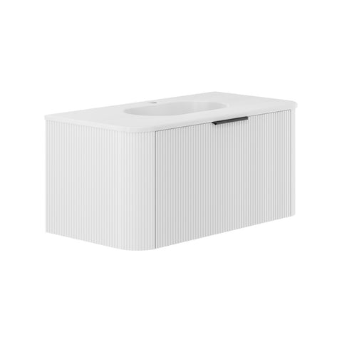 Fienza Lola Curved Wall Hung Vanity 900mm (No Taphole) 1 Drawer Matte White w/ Satin White Panels LOLM90UW-0