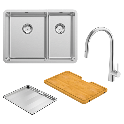 Abey Lucia Sink 1 & 1/3 Bowl 608x440mm Topmount/Undermount (Inc. Kitchen Mixer, Tray & Chopping Board) Stainless Steel LUA190T14 (KTA014-BR Mixer)