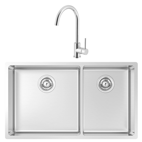 Abey Montego Sink 1 & 3/4 Bowl 775x450mm Topmount/Undermount (Inc. Mixer, Tray & Chopping Board) Stainless Steel MOA420DT2 (3K4 Mixer)