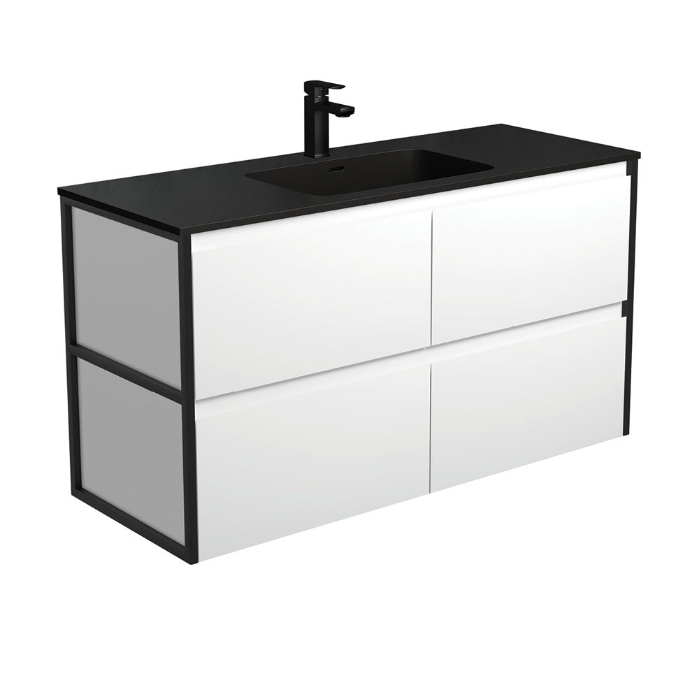 Fienza Montana Amato Wall Hung Vanity 1200mm (1 Taphole) Satin White w/ Matte Black Frames MON120BWF