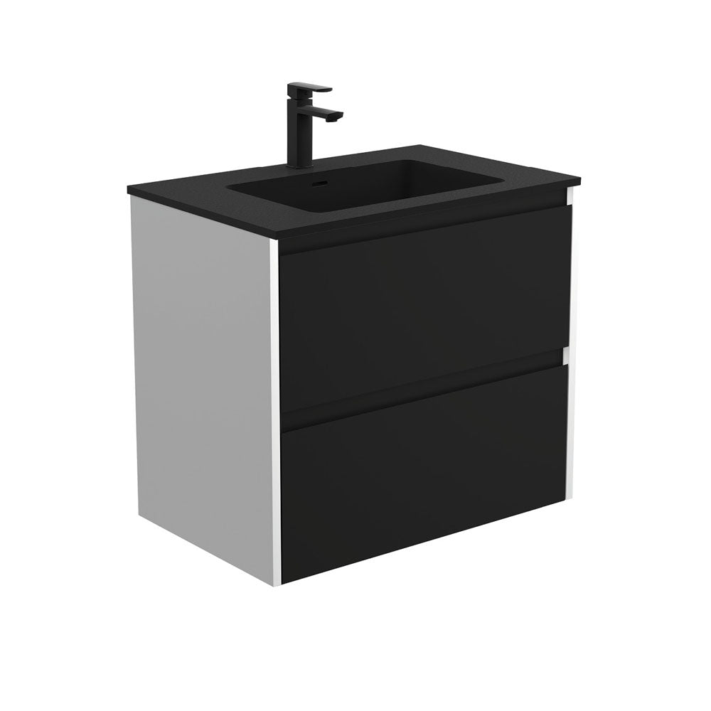 Fienza Montana Amato Wall Hung Vanity 750mm Satin Black w/ Satin White Panels (1 Taphole) MON75BBW
