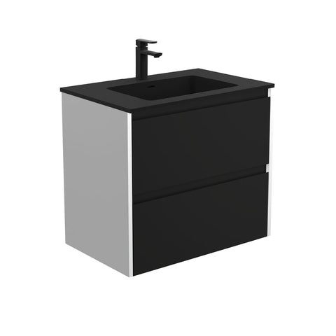 Fienza Montana Amato Wall Hung Vanity 750mm Satin Black w/ Satin White Panels (1 Taphole) MON75BBW