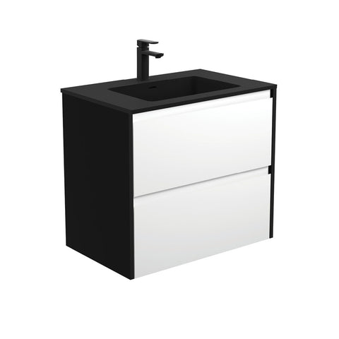 Fienza Montana Amato Wall Hung Vanity 750mm Satin White w/ Satin Black Panels (1 Taphole) MON75BWB